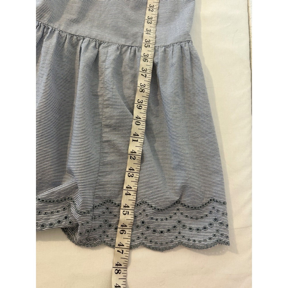Blue Pinstripe Eyelet Tiered Midi Dress Smocked Back Pockets S Boho Cottagecore - Picture 7 of 8